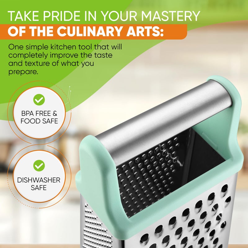 Spring Chef Professional Cheese Grater - Stainless Steel Box Grater for Kitchen, XL Size - Perfect 4 Sided Shredder for Parmesan Cheese, Vegetables, Ginger - Dishwasher Safe - Mint - Image 5
